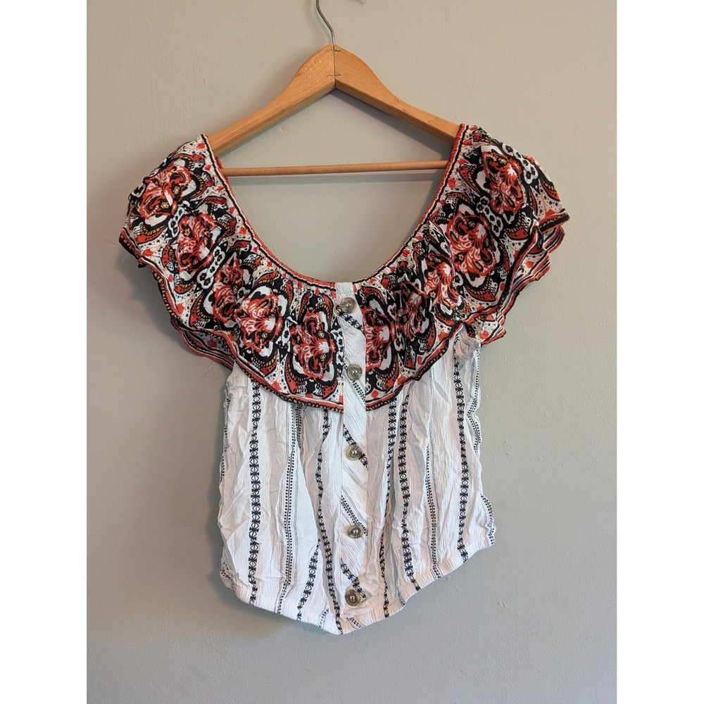 Indulge Womens XL Off Shoulder Boho Ruffle Crop Top Orange Black Paisley Button
